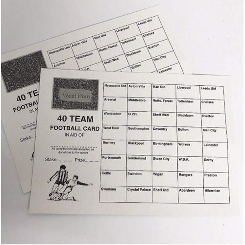 Crystals 10 x 40 Team football scratch cards UK team names