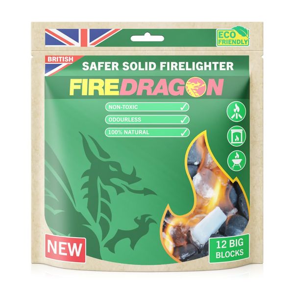 FireDragon - Natural & Eco-Friendly Firelighter Solid - BBQs, Firepits, Ethanol Burners, Indoor fires & log burners - 12 x 27g Tablets