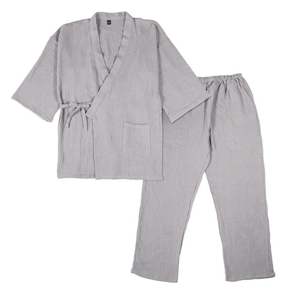 Comfort U Men's Yukata Jinbei, Sleepwear, 100% Cotton, Double Layered Gauze, Pajamas, Men's Jinbei, 3/4 Sleeve, Front Opening, Jinbei Set, Breathable, Sweat Absorbent, Kimono, Top and Bottom Set,