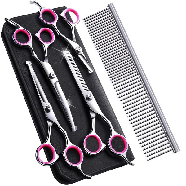 Zwini Pet Grooming Scissors Set 5 in 1 Stainless Steel Pet Trimmer Kit Pet Grooming Scissors Set Hair Care for Dog Cat With 7.5-inch Cutting Scissors Thinning Shear Curved Scissors Grooming Comb