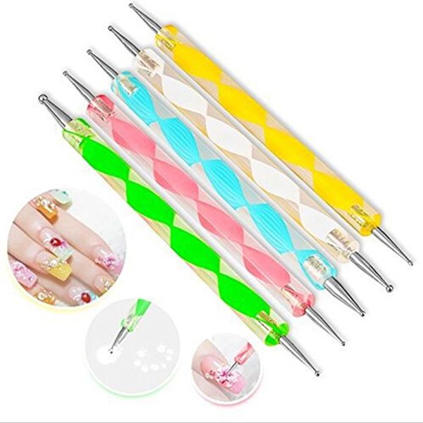 LondonExpress Nail Art Brush Multi Design Various Sizes French UV Gel Liner Drawing Nail Art Painting Brushes Dotting Pen DIY Professional Manicure Tool Set (5Pcs 2-way Dotting Pen)