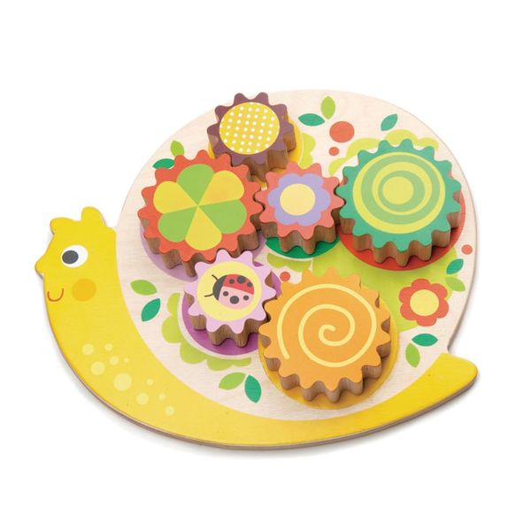 Tender Leaf Toys - Snail Whirls - 6 Removable Flowers Gears, Playset for Toddlers and Kids - Wooden Stacking, Multi-Color Flower Garden Beds