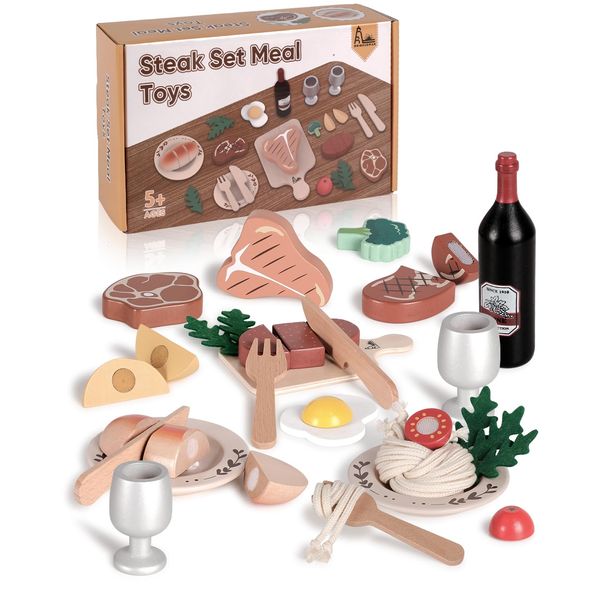 RRIBOUDWAN Wooden Play Food Set, Wooden Food Toys for Toddlers 1-3, Wooden Kitchen Toys Include Steak Pasta Wine Shopping Bag, Wooden Play Kitchen Accessories Gift for Girl Boy 3-5 Years