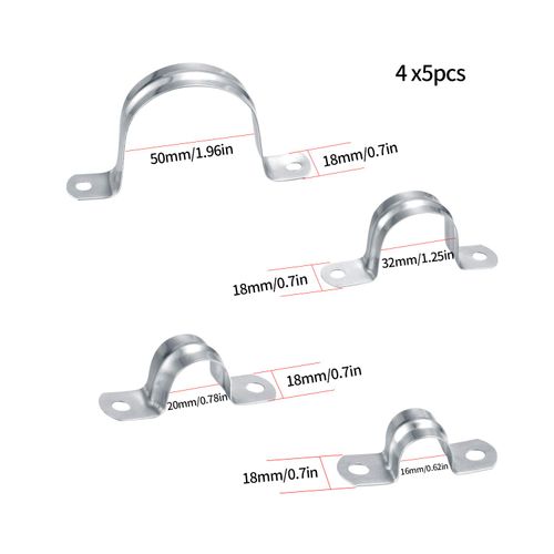 20 Pcs Pipe Strap Clamp, 304 Stainless Steel Saddle Clip, U Shaped Pipe Clamp, Tube Strap, Two Hole Tension Clips, Hose Clam Clips, 16/20/32/50 mm
