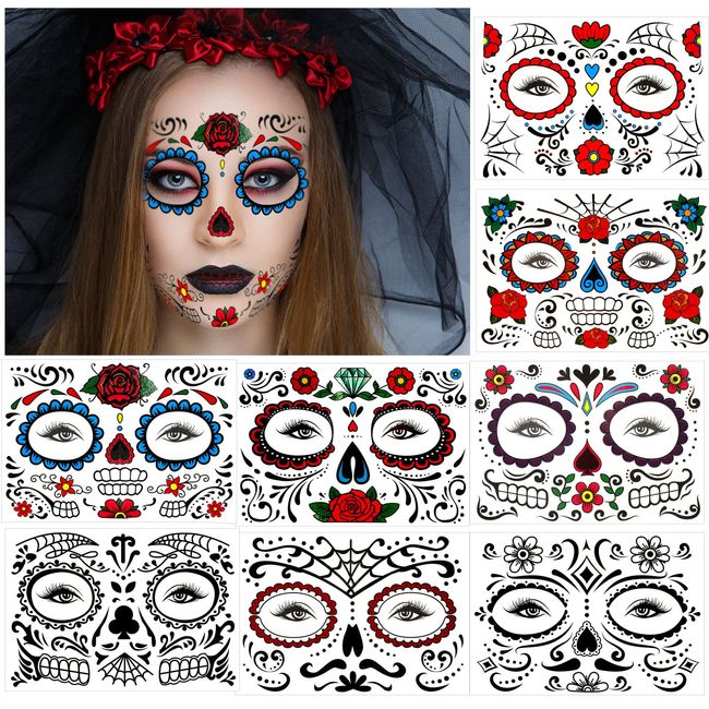 DPKOW Halloween Temporäre Tattoos für Erwachsene Damen Mädchen Make-up, 8 Blätter Tag der Toten Gesicht Tattoo Aufkleber Totenkopf Spinnennetz Klebetattoos für Maskerade Cosplay Halloween Partyzubehör