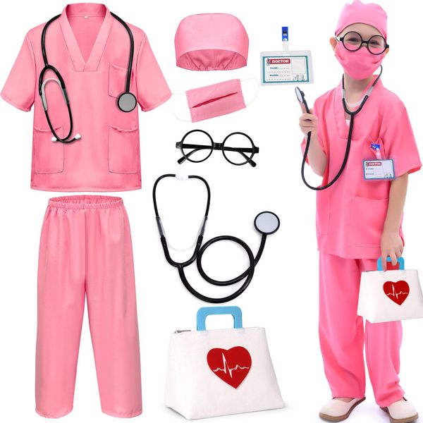 SVMK 8pcs Kids Doctor Costume Toddler Scrubs Set Girls Boys Doctor Dress Up Costumes with Bag Real Stethoscope Glasses Accessories Pretend Play Halloween Career Day (Pink, 130)