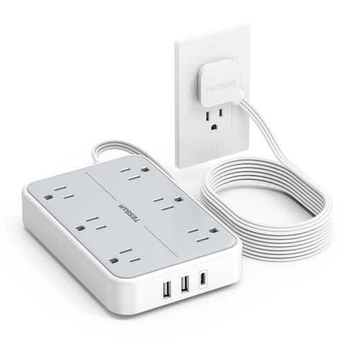 Surge Protector Power Strip 10 ft, TESSAN Flat Plug Ultra Thin Extension Cord with 6 Wide-Spaced Outlets 3 USB Ports (1 USB C Port), 1080J Protection, Wall Mount for Home, Office, Dorm Essentials