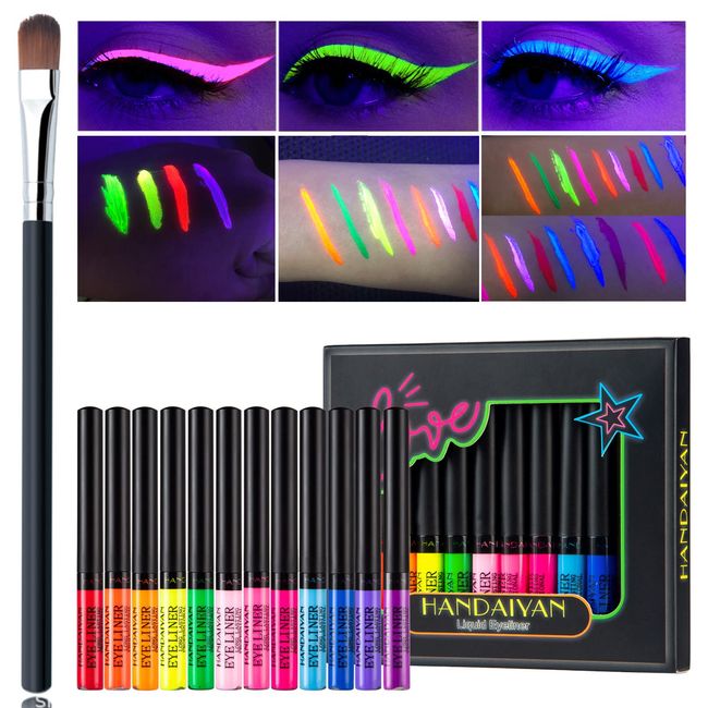 Neon Liquid Eyeliner Set 12 Farben Matte Eyeliner Bunt und 1 Lidschattenpinsel Make Up Set Wasserfest und Wischfest Langlebig Bunt Eyeliner für Den Täglichen Gebrauch und Halloween Weihnachten