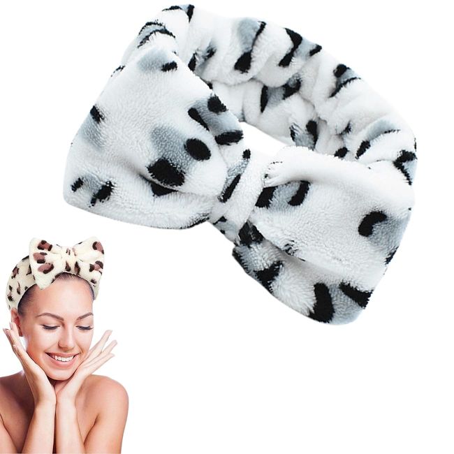 Traziewell Fluffy Bowknot Leopard Hair Bands Coral Fleece Makeup Headband Elastic Head Wrap for Washing Face Sports Shower Yoga Sports Spa Skincare Women Facial Hair Band HB000206