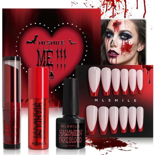 Wugbc Halloween Fake Blood Makeup Kit Black Eyeshadow Grey Blue Lipstick Red French Press On Nails Realistic Vampire Blood for Eyes Mouth Nose Face Teeth Body Zombie SFX Cosplay Dress Up Accessories