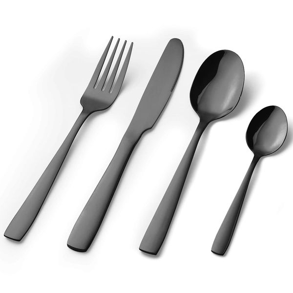 16 Piece Cutlery Set, Stainless Steel Flatware Silverware Sets with Square Edge, Service for 4 People, Elegant Tableware Included Knives Forks Spoons, Mirror Finished & Dishwasher Safe (Black)