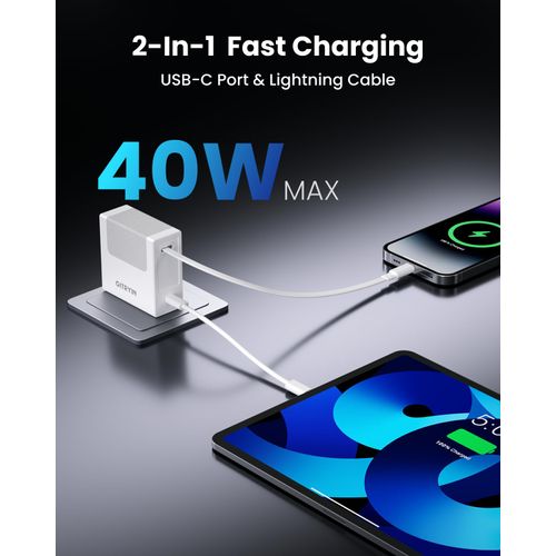 Gitryin Portable USB Phone Charger Block, Retractable Wall Charger with 31.5in Retractable Lightning Cable, 40W Fast Charging Block with USB C Port, Power Adapter with Foldable Plug for iPhone14/13/12