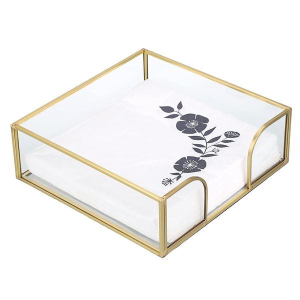 TOLIDA Square Glass Napkin Holder - Metal Glass Napkin Holder with Mirrored Bottom for Tabletop Dinner, Wedding Party, Multi-Functional Storage Holder