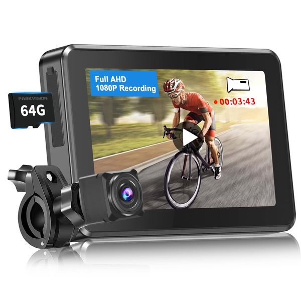 PARKVISION Bicycle Rear View Camera Mirror with Recording Function, Rear View Camera Bicycle with AHD 1080P 4.3 Inch Monitor, Bicycle Rear View Mirror Kit Fit for Most Bikes, Includes TF 64G Card