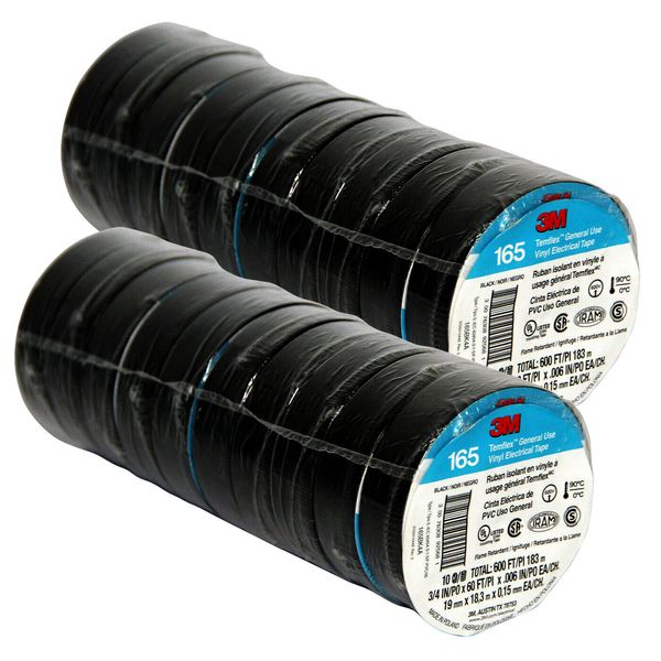 3M Temflex Vinyl Electrical Tape 165 Multi-purpose 3/4" X 60FT Black 20 Rolls