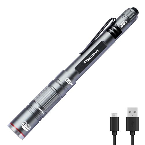 okcomuy Rechargeable Pen Light Flashlight IP67 Waterproof with Pocket Clip 4-Zoomable, Prefect Pocket Flashlight for Inspection,Work,Repair (Grey, 1 Pack)