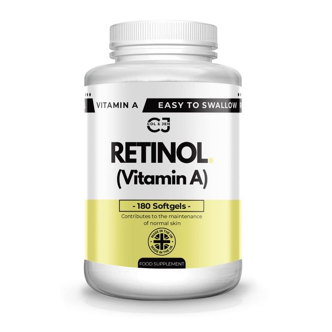 Retinol Vitamin A Softgel Capsules - Contributes to The Maintenance of Normal Skin & Vision - 180 Pack - Easy to Swallow - Made by Col & Jen - UK