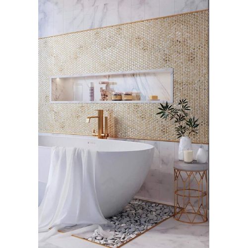 Gold Glass Penny Round Mosaic Tile for Kitchen, Bathroom or Wall Panel (Sample Swatch- 4"x5")