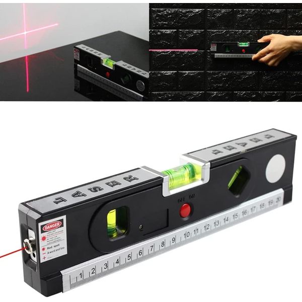 Multipurpose Spirit Level, Laser Projection Aligner with Retractable Double Sided Ruler Laser Spirit Line Level Self Leveling Measuring for Picture Hanging Metric Ruler Bubble Leveler