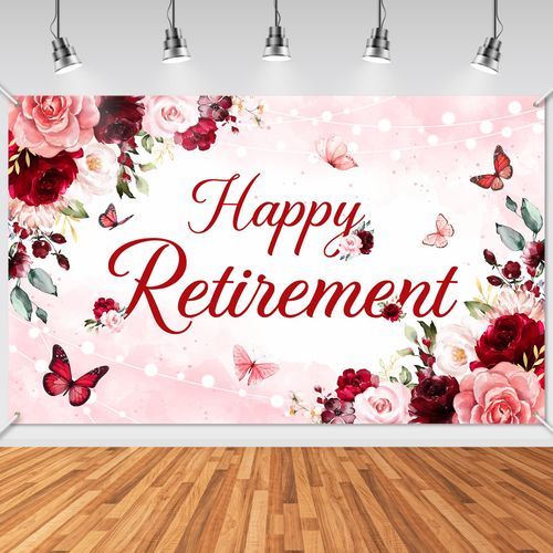 Avezano Happy Retirement Banner for Women Burgundy Floral Retirement Party Decorations Backdrop Red Flowers Lady Retire Party Decorations Banner (6x3.6ft)
