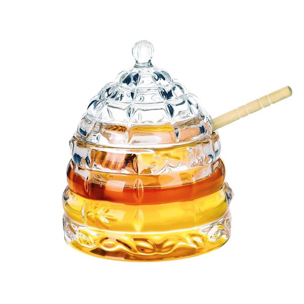 1500 C Tabletop Bee-hive Glass Honey Jars with Dipper and Lid 10 oz. Crystal Clear Heavy Glass Honey Pot Honey Containers Holder for Jam Jelly Syrup Home& Kitchen