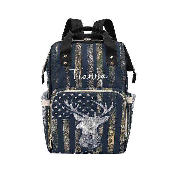 METERO YOUNGFIT American Flag Camo Deer Black Diaper Bags with Name Waterproof Mummy Backpack Nappy Nursing Baby Bags Gifts Tote Bag for Women One Size