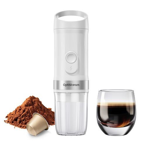 Optistream Portable Electric Espresso Machine, Travel Coffee Maker for Camping, Car Coffee Maker Self-Heating with USB-C, With Ground Coffee & NS Capsule for RV, Hiking, Office (White)