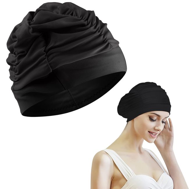 Doyime Swimming Cap, Swimming Cap, Pool Hat, Women's, Swimming Cap, Loose Fit, Stretchable, For Swimming, Sea, Sports, Gym, Adults, Unisex, For Long Hair, Loose Swimming Cap, Black