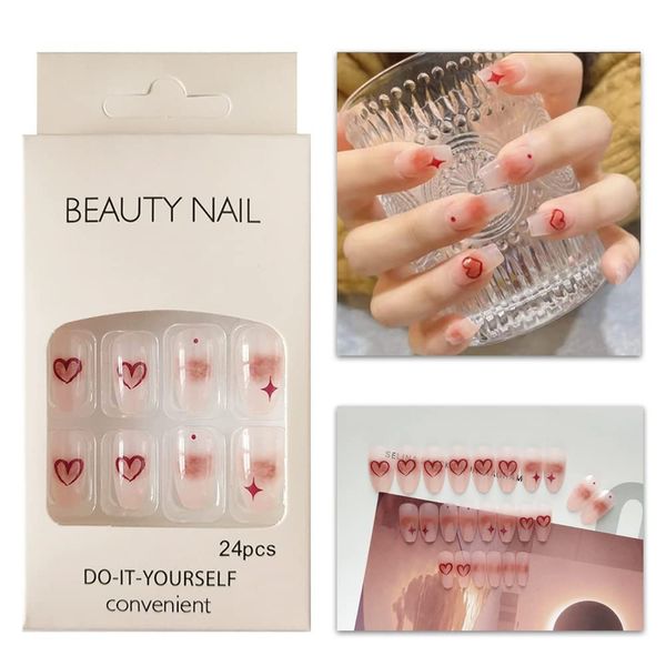 AAGWW Nail Tips, Berry Short, False Nails, Long, Coming-of-Age Ceremony, Mat, False Nails, Cute, Beautiful Shell Supplies, Workshop, Glue Design (Product Contents: 24 Nail Art + Glue, Color: Heart Star Cheek)