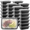 Meal Prep 38 Oz Rectangular Food Containers with Lids 50 Pack Black Microwavable