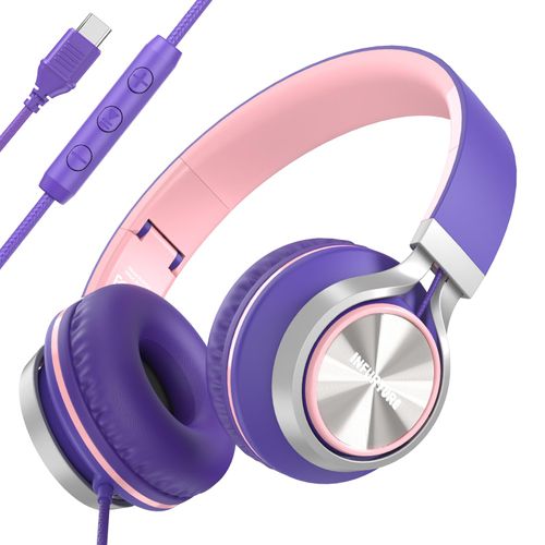 Girls/Kids USB C(Type C) Wired Headphones with Mic & Volume Control,Tangle-Free Plaiting Line,Over/On-Ear Headphones,Lightweight Foldable for Smartphone,Tablet,Iphone 16/15 series（Pink-purple）