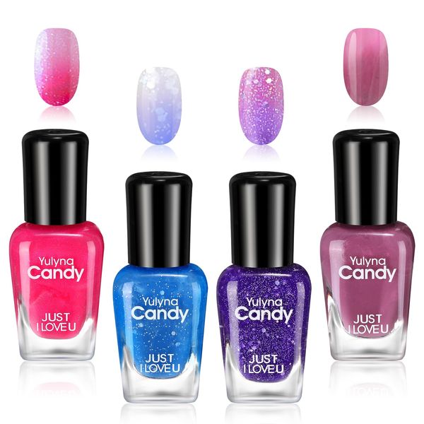 Colorful Gel Nail Polish Set, Long Lasting Glossy Quick Dry Glitter Nail Polis, Glitter Pink Blue Purple Mood Temperature Color Changing Nnail Varnish Set for DIY Manicure-Without Use UV Lamp…