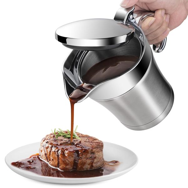 Choxila Gravy Boat Double Insulated Stainless Steel Sauce Jug with Hinged Lid for Thanksgiving Dinner - 17 oz