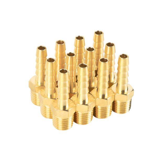 SUNGATOR 12-Pack Air Hose Fittings, 1/4" Barb x 1/4" NPT Male Pipe, Brass Hose Barb Fittings, 1/4 Barb to 1/4 Inch Air Hose Repair Kit, Barbed Adapter, 1/4'' Brass Compression Air Hose Pipe Fittings