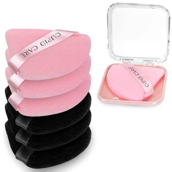 CUPID CARE 6 Pieces Face Powder Puff with Two Travel Organizer,Soft Triangle Velour Makeup Puff for Loose Powder Body Powder,Makeup blender With 2 Cases,Beauty Makeup Tools-Black/Pink