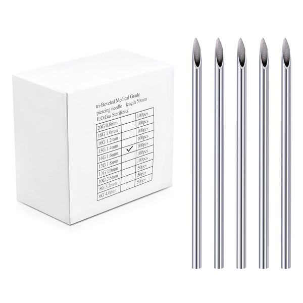 JIESIBAO 100PCS 14G Piercing Needles, Stainless Steel Sterile Disposable Ear Nose Navel Nipple Lip Piercing Needles (14g)