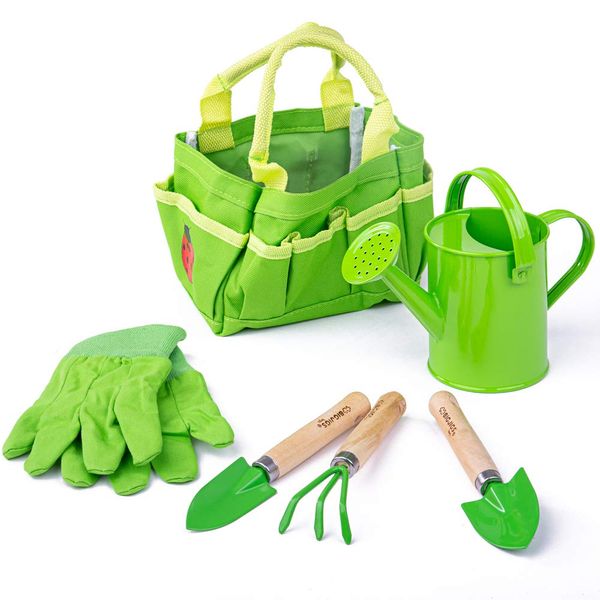 Bigjigs Toys Small 5 Piece Childrens Gardening Set with Bag, Garden Tools, Watering Can & Gardening Gloves - Fun Gardening For Kids, Quality Outdoor Toys