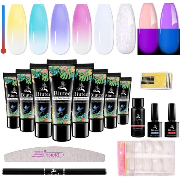 Biutee Length Gel, Polygel, Warm Discoloration, Glow Nail Gel, 0.5 fl oz (15 ml), 8 Colors to Choose from, Length Tip Model Guide, Poly Gel Nail Brush, Dedicated Liquid, Base Coat, Top Coat, Nail