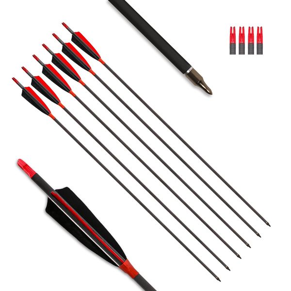 Archery Carbon Arrows 400 Spine with 4" Real Feather Fletching 100 Grain Points for Compound Recurve Longbow (12 Pack) (29 Inch Arrows)