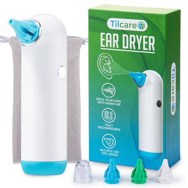 Electric Ear Dryer for Swimmer’s Ear by Tilcare - Rechargeable Ear Drying Water Remover for Swimming, Showering, and Hearing Aids - Comes with 3 Ear Drying Tips & Carrying Pouch