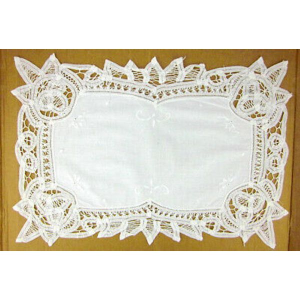 Vintage Hand Flower Embroidery Batten Lace Cotton Table Runner White 41cm EC