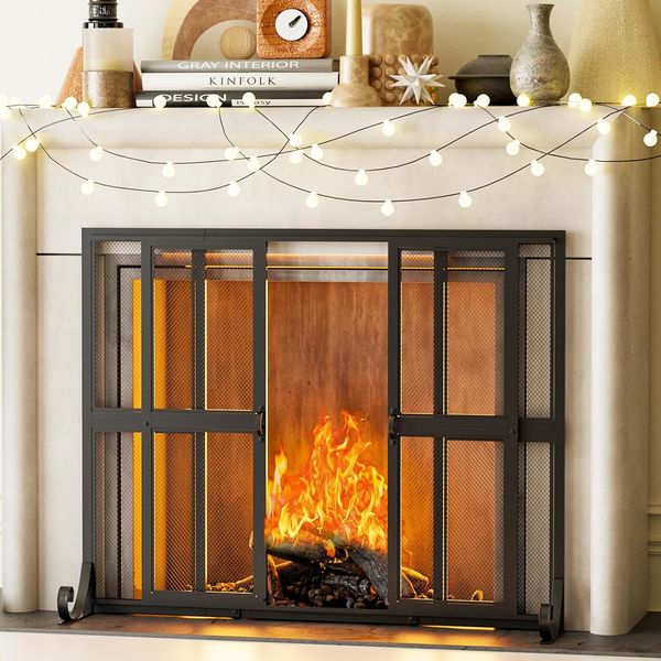 Handcrafted Wrought Iron Fireplace Screen with Sliding Doors for Safety