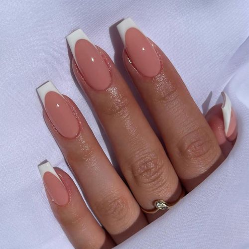 24pcs French Tip False Nails Medium Coffin White Edge Stick on Nails Nude Pink Press on Nails Removable Glue-on Nails Fake Nails Acrylic Full Cover Nails Women Girls Nail Art Accessories