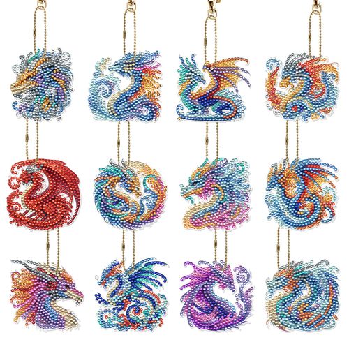 INCOK Diamond Art Keychains Dragon - 12 Pcs Diamond Painting Ornament Kits DIY Key Chain Set Animal Gem Art Crafts Graduation Birthday Festival Gift for Adult Beginners