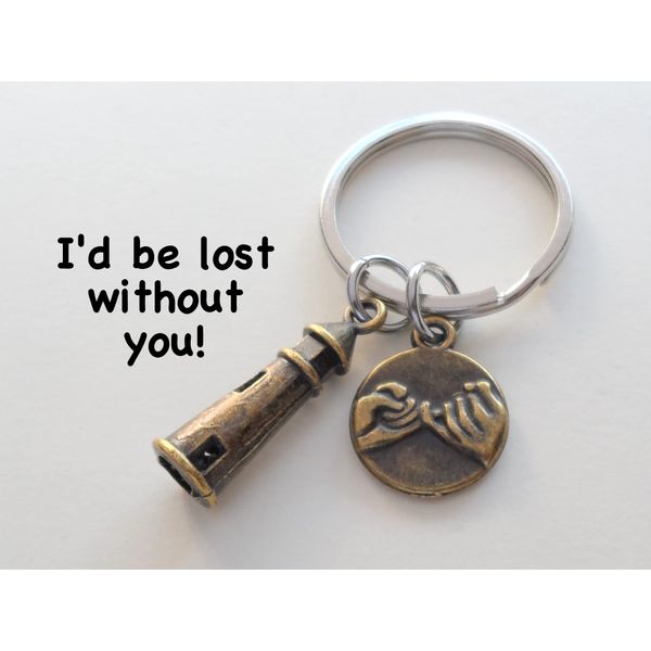 Bronze Lighthouse Charm Keychain with Pinky Promise Charm, Couples Keychain