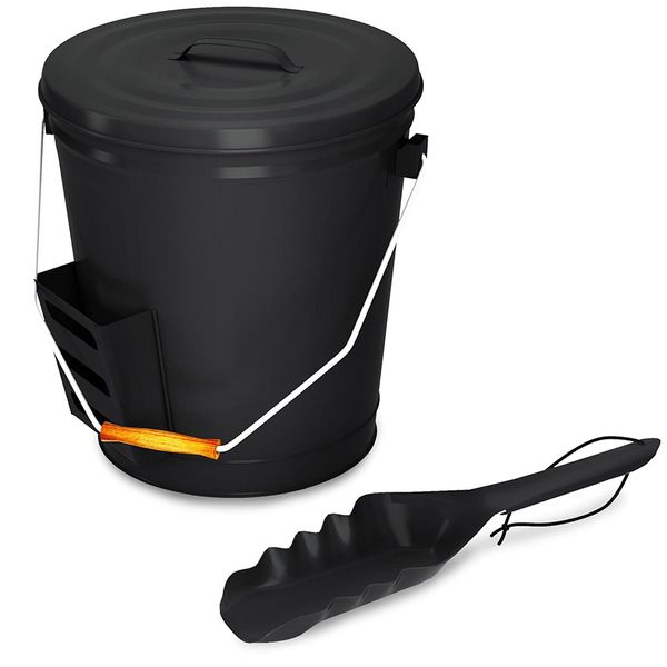 4.75-Gallon Metal Ash Bucket with Lid and Shovel (Black)