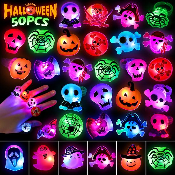 Halloween Rings for Kids, 50 Pcs Halloween LED Flash Light up Rings, Halloween toys in bulk Halloween treats for kids, Bulk Halloween Party Favors for Kids Goodie Bag Fillers Stuffers Non-Candy