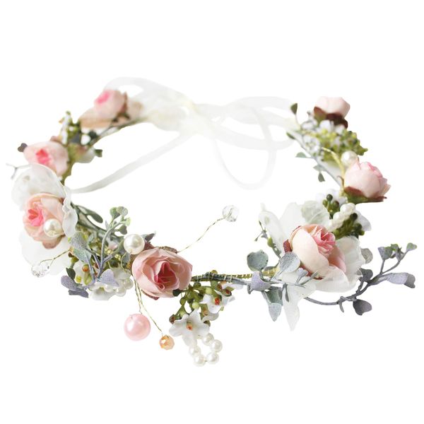 LLinfflr Pearl Flower Crown Floral Garland Headband Flower Halo Headpiece Hair Wreath Boho Photos Wedding Pink