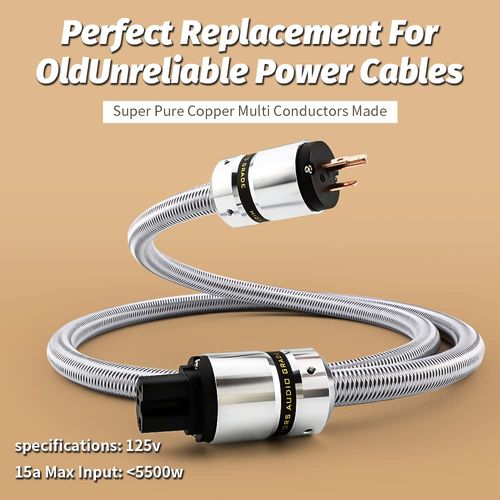 Tertullus HiFi Audiophile AC Power Cable - Highend 3-Prong 14AWG Cord 125V 15A Silver (1.5M / 4.92FT)