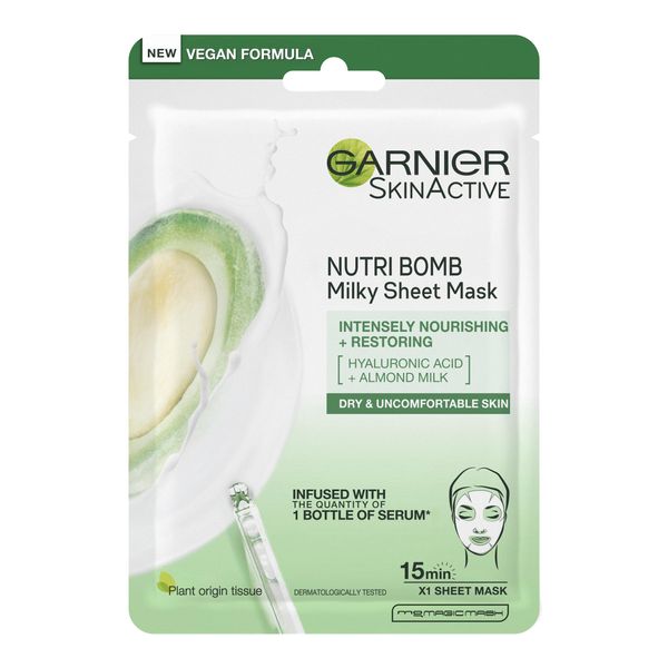 Garnier Nutri Bomb Milky Sheet Mask, With Almond Milk and Hyaluronic Acid for Hydrated Glowing Skin, Intensely Nourishing & Restoring Milky Face Masks, Vegan Tissue